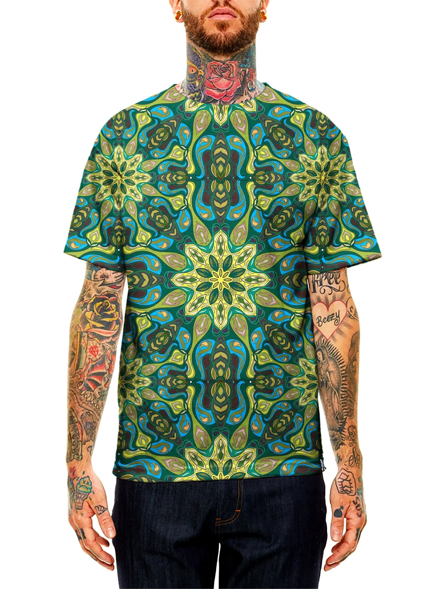 Model wearing GratefullyDyed Apparel green & blue mandala unisex t-shirt.
