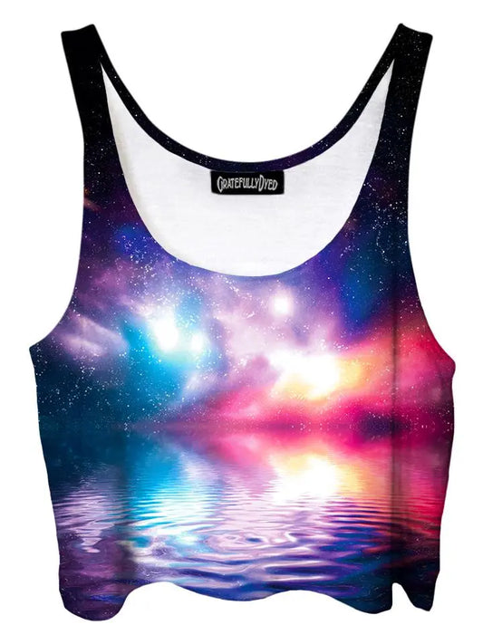 Trippy front view of GratefullyDyed Apparel purple, pink & blue ripple galaxy crop top.