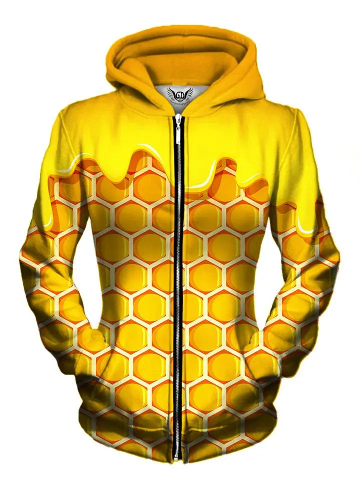Front view of women's all over print bho honey oil zip up hoody by Gratefully Dyed Apparel.