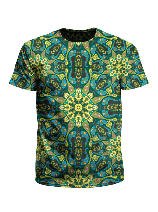 Men's green & blue mandala unisex t-shirt front view.