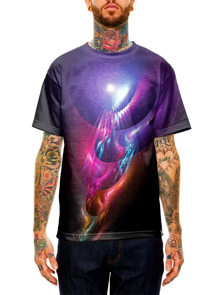 Model wearing GratefullyDyed Apparel rainbow sound wave unisex t-shirt.