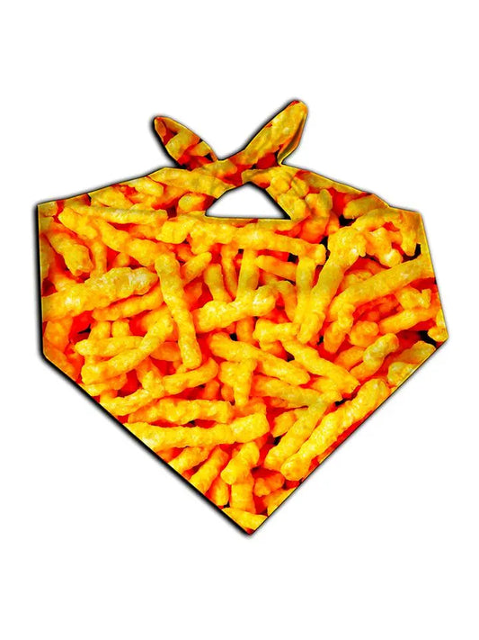 All over print orange cheetos bandana by GratefullyDyed Apparel tied neck scarf view.