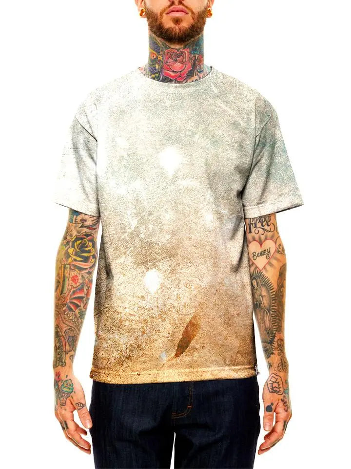 Model wearing GratefullyDyed Apparel orange & cream pastel desert galaxy unisex t-shirt.
