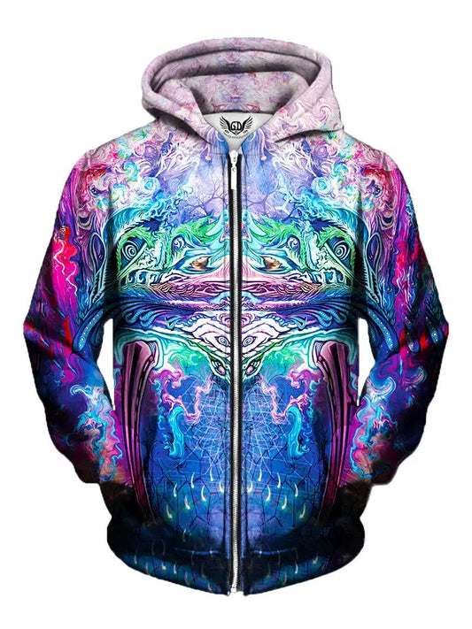 Men's pink, green & blue visionary art zip-up hoodie front view.