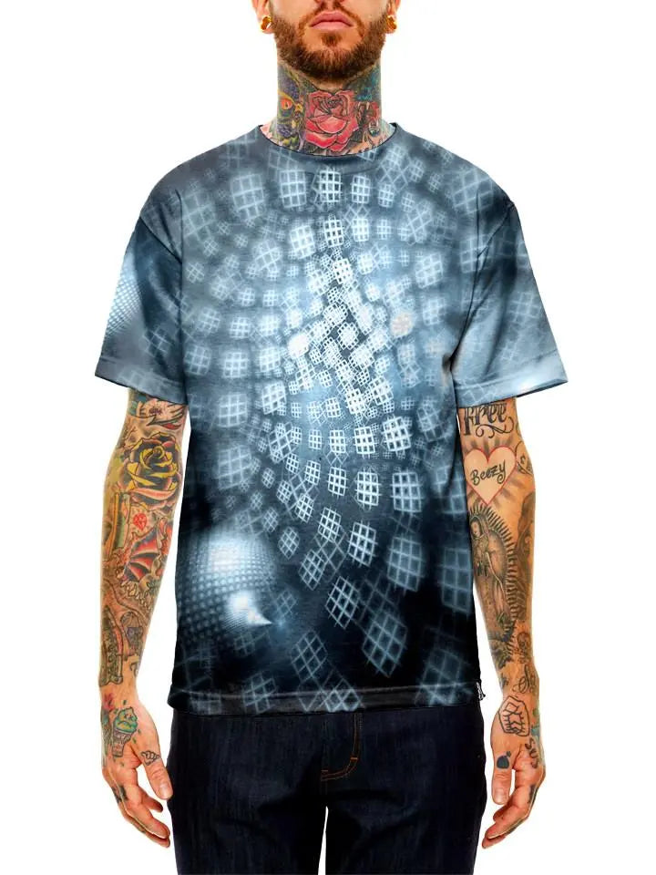 Model wearing GratefullyDyed Apparel blue & black honeycomb fractal unisex t-shirt.