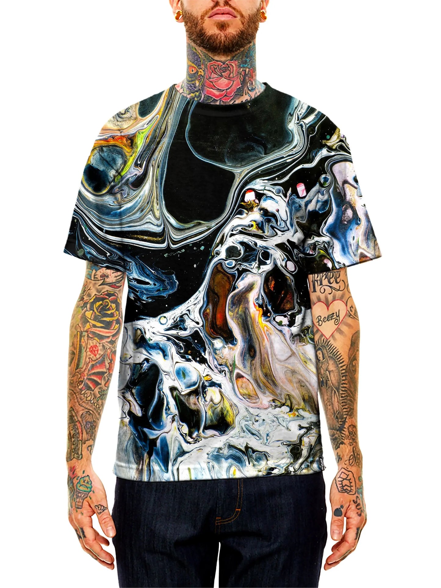 Model wearing GratefullyDyed Apparel black, white & rainbow marbled paint unisex t-shirt.