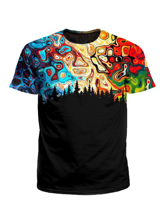 Men's psychedelic rainbow galaxy treeline unisex t-shirt front view.