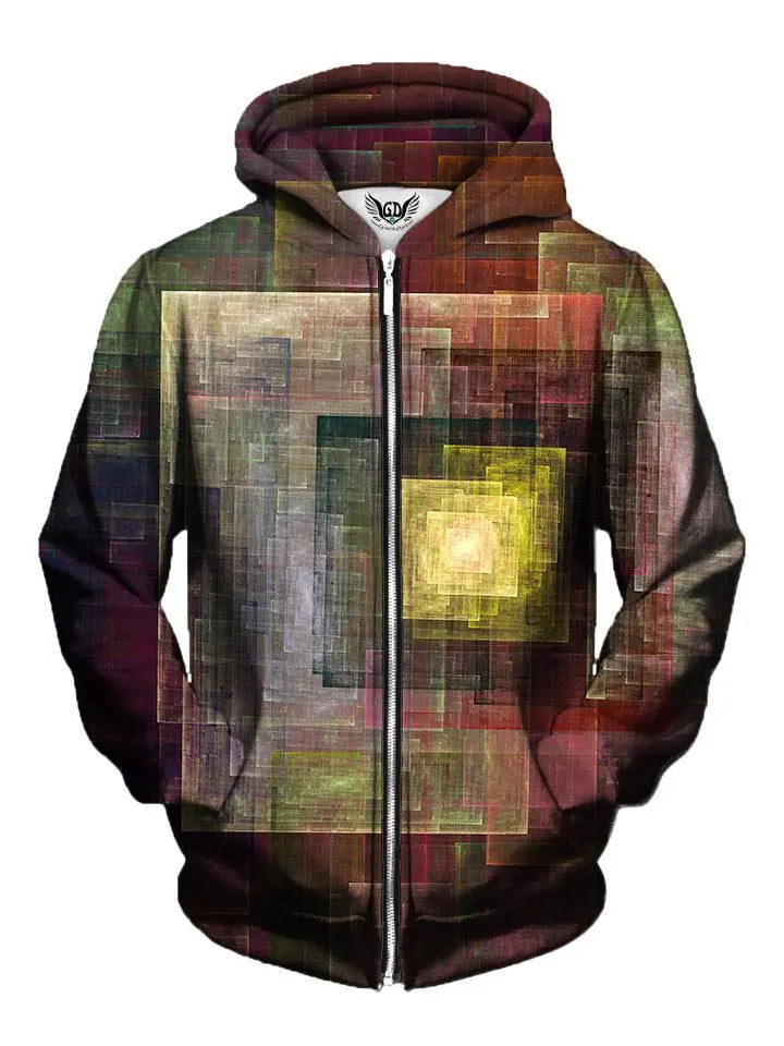 Trippy Square Print Earth Colors Zip Up Hoodie