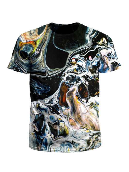 Men's black, white & rainbow marbling unisex t-shirt front view.