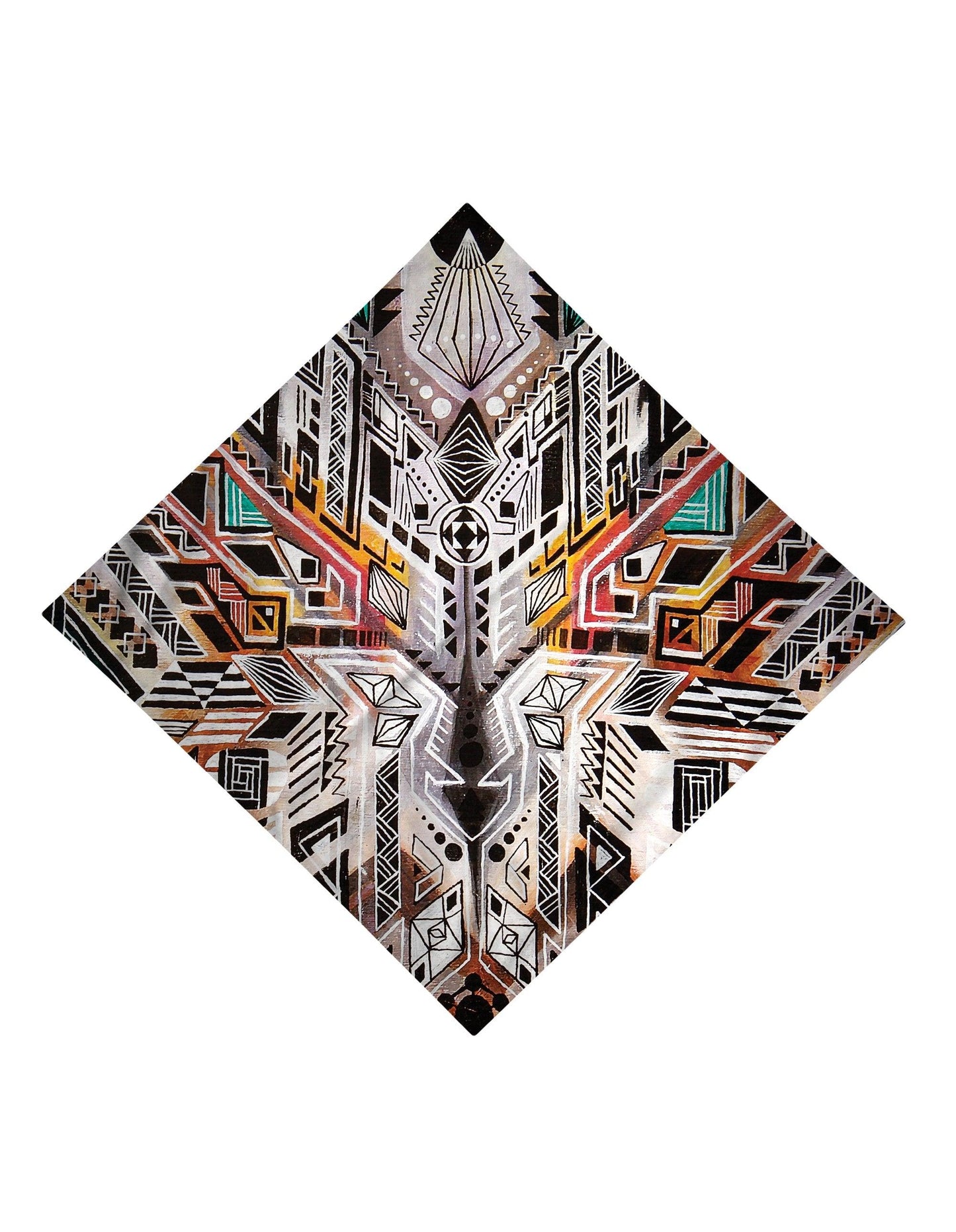 Trippy Gratefully Dyed Apparel white, orange & teal tribal sacred geometry bandana flat view.