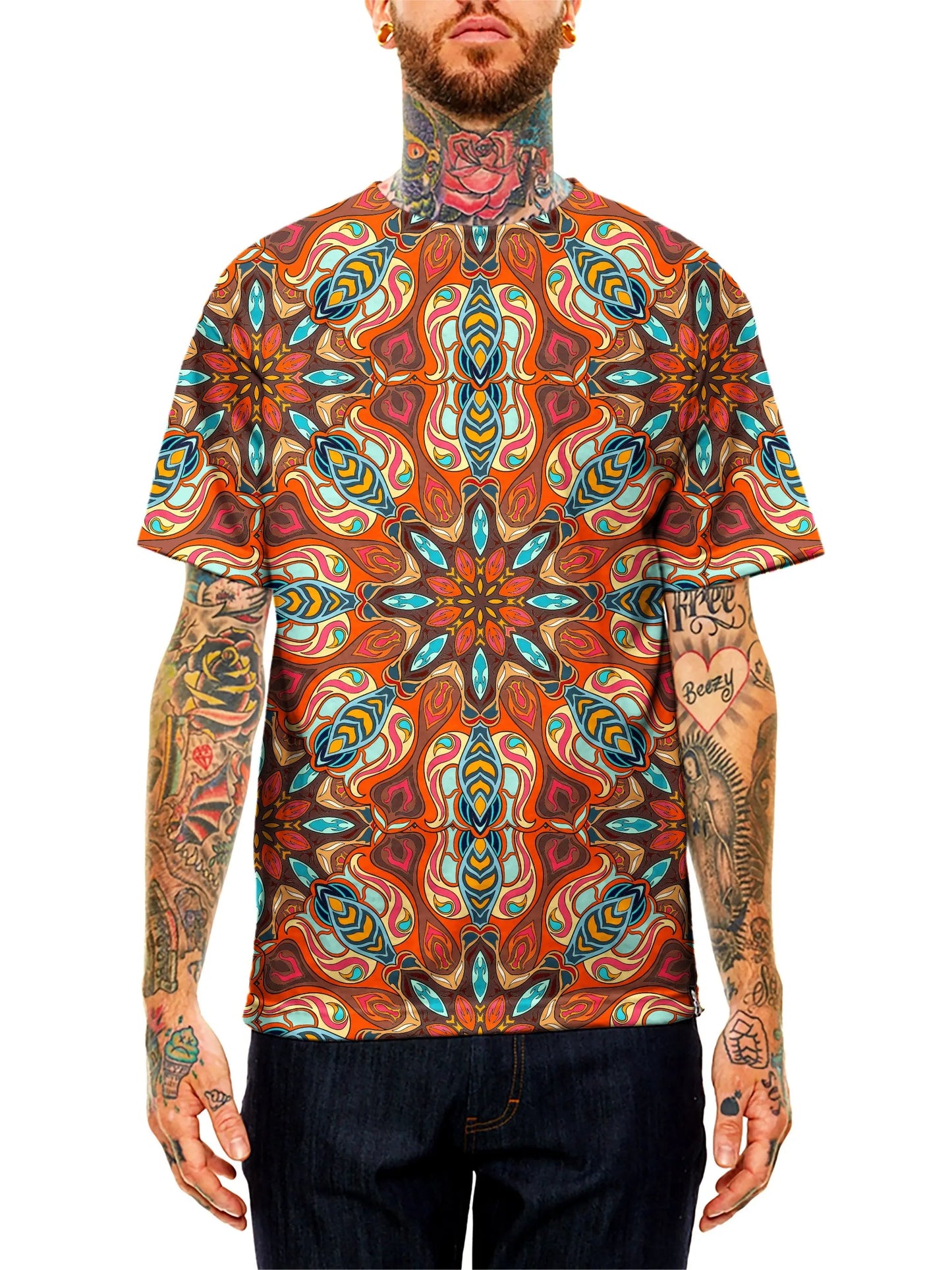 Model wearing GratefullyDyed Apparel orange & blue mandala unisex t-shirt.