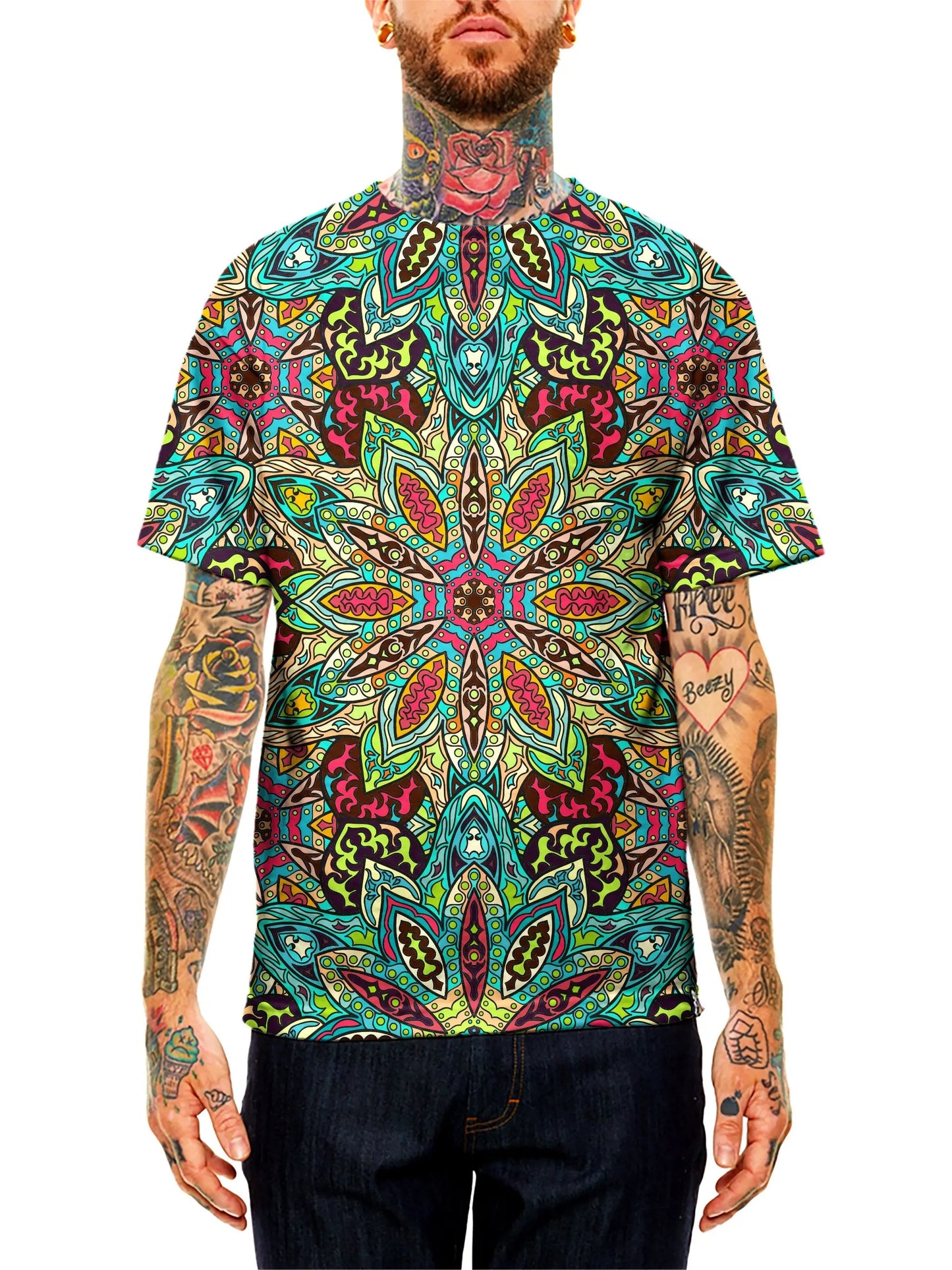 Model wearing GratefullyDyed Apparel rainbow mandala unisex t-shirt.