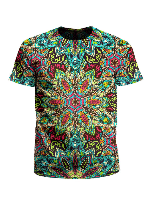 Men's rainbow mandala unisex t-shirt front view.