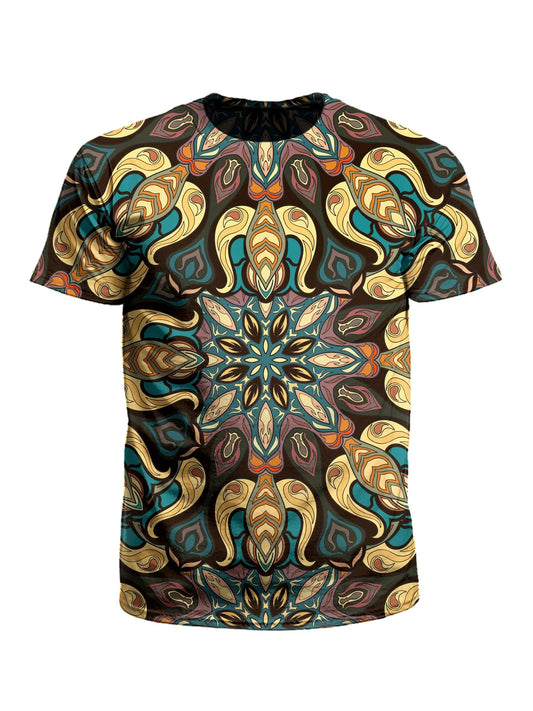 Men's yellow, purple & blue mandala unisex t-shirt front view.