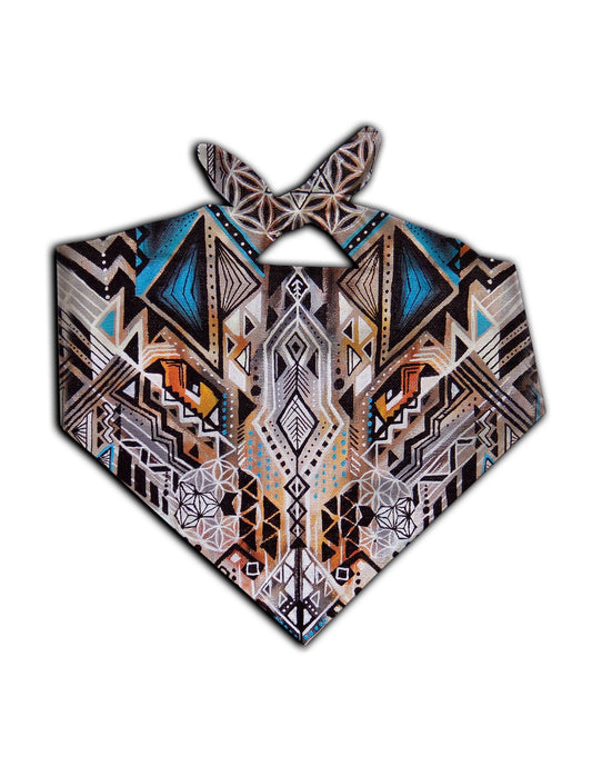 All over print white, blue & orange tribal sacred geometry bandana by GratefullyDyed Apparel tied neck scarf view.