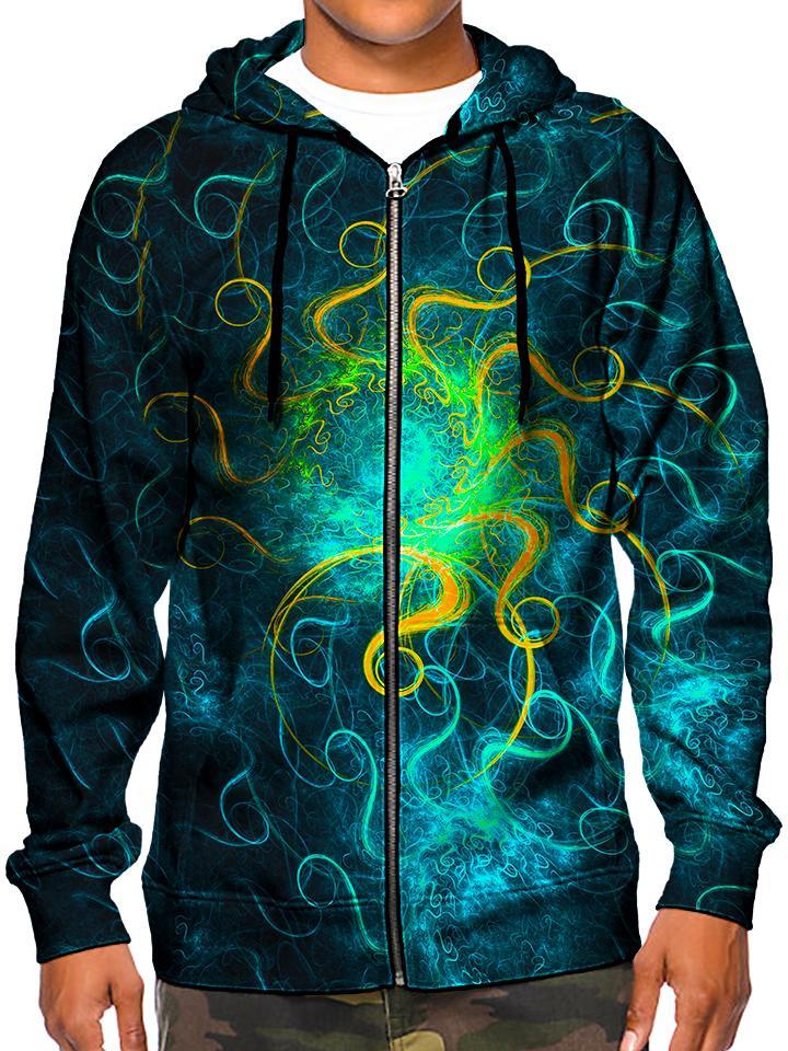 Model wearing GratefullyDyed Apparel psychedelic abstract mandala zip-up hoodie.