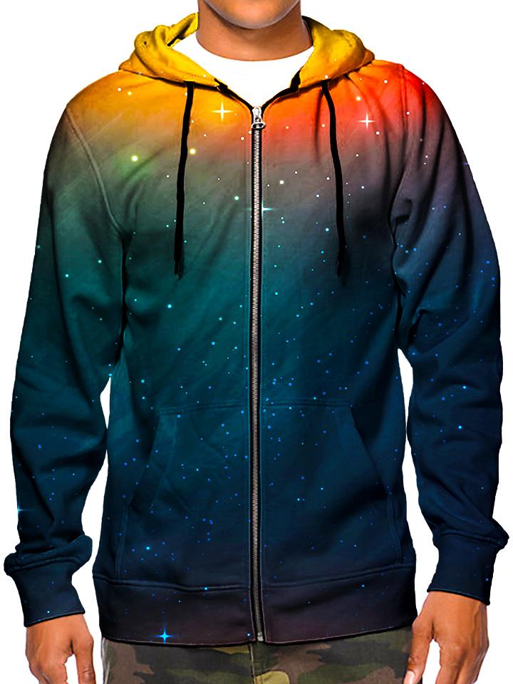 Model wearing GratefullyDyed Apparel psychedelic orange & blue sunset galaxy hoodie.