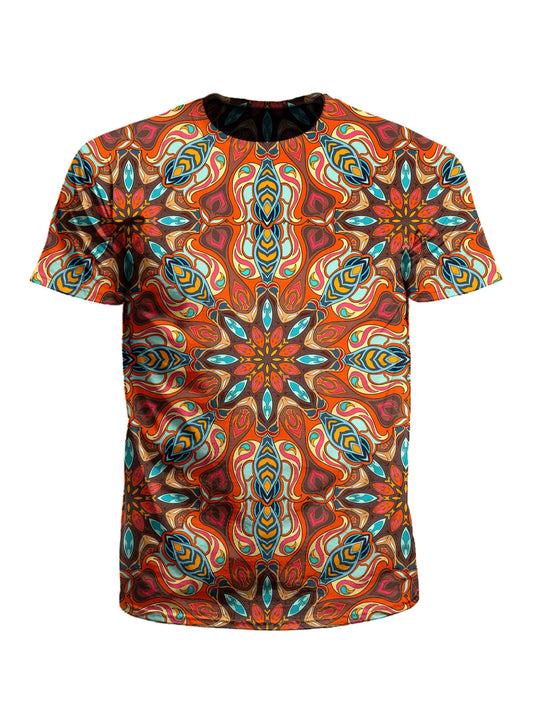 Men's orange & blue mandala unisex t-shirt front view.