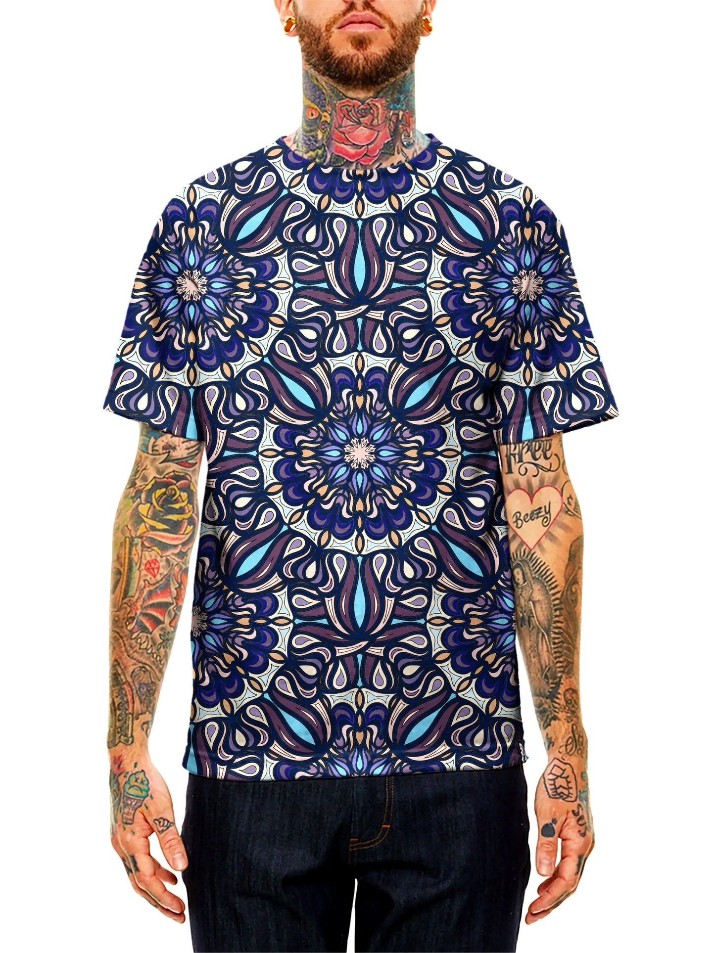 Model wearing GratefullyDyed Apparel blue, purple & white mandala unisex t-shirt.