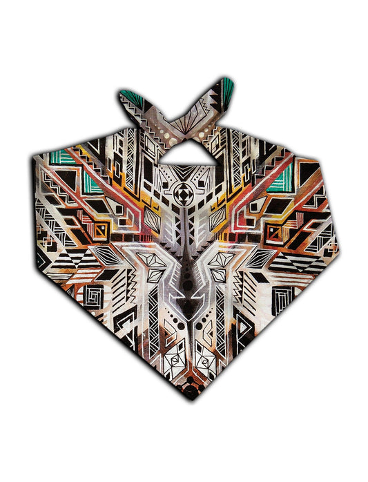 All over print white, orange & teal tribal sacred geometry bandana by GratefullyDyed Apparel tied neck scarf view.
