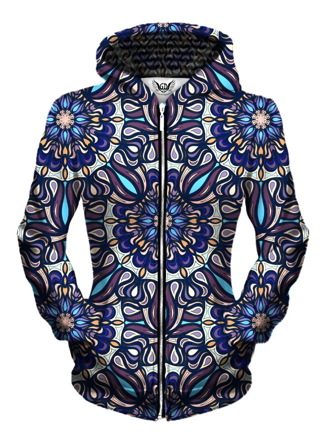 Front view of women's all over print sacred geometry zip up hoody by Gratefully Dyed Apparel.