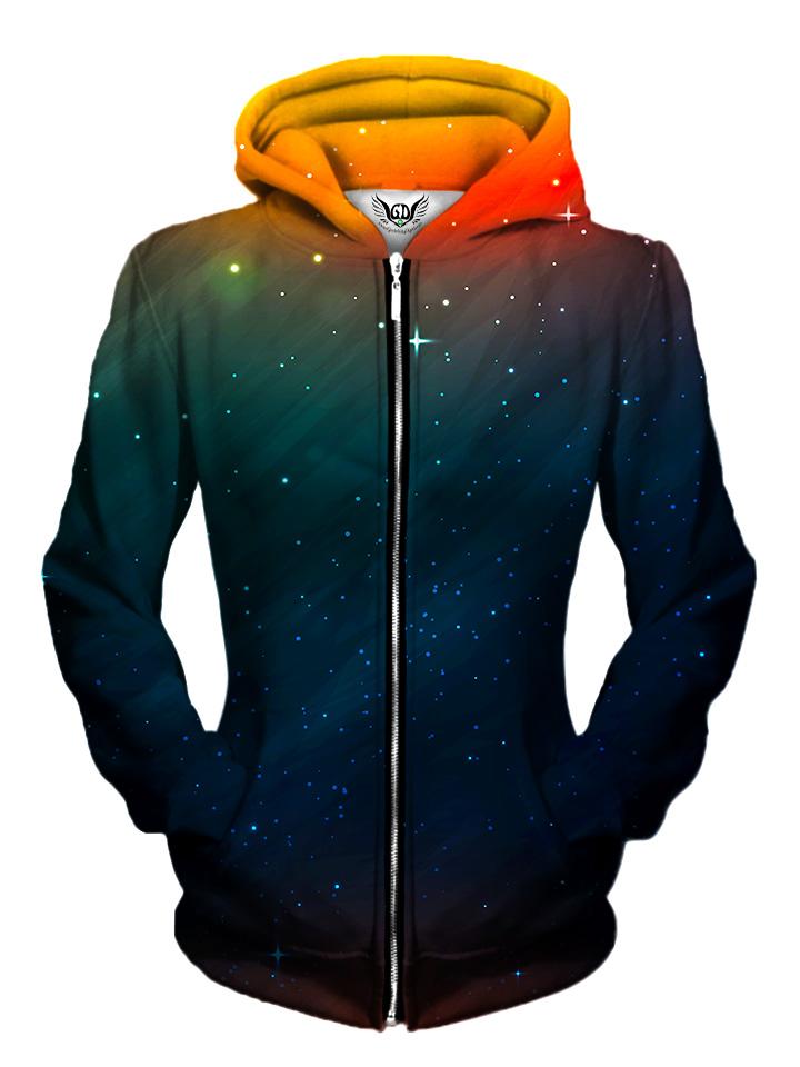 Front view of women's all over print space zip up hoody by Gratefully Dyed Apparel.