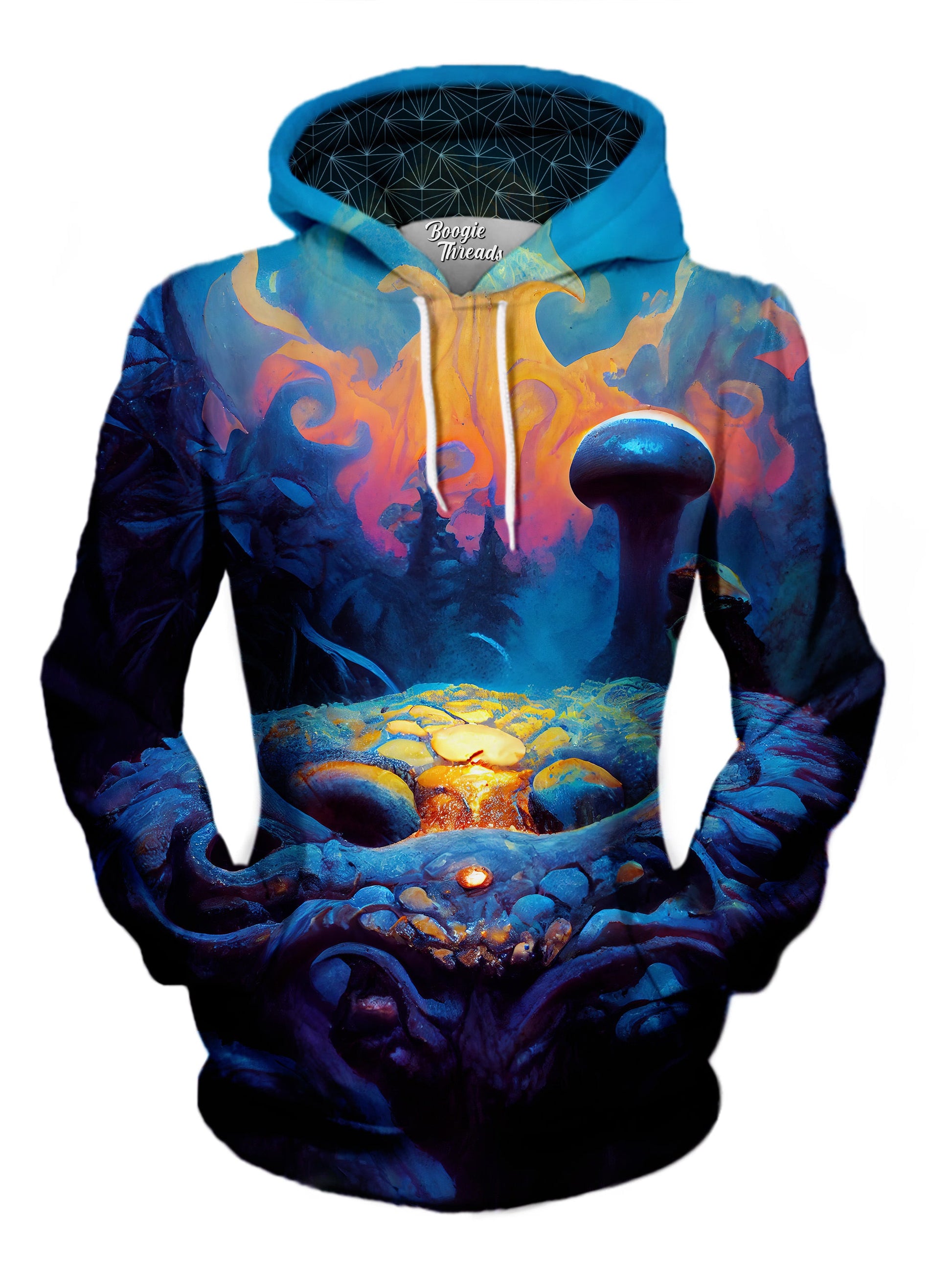 womens pullover hoodie with brightly colored musroom forest painting