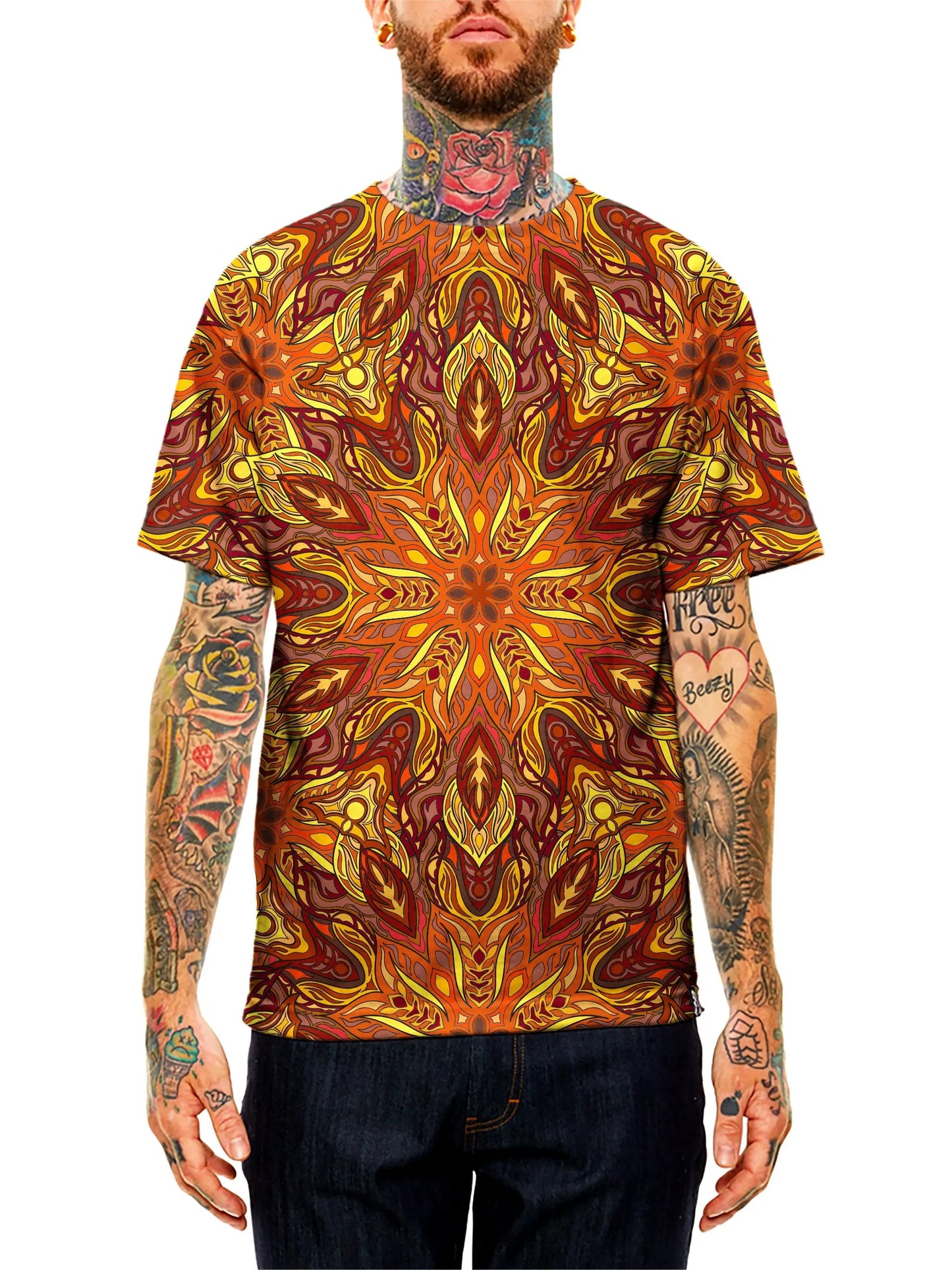 Model wearing GratefullyDyed Apparel red, orange & yellow mandala unisex t-shirt.