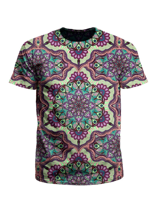 Men's purple, green & blue mandala unisex t-shirt front view.