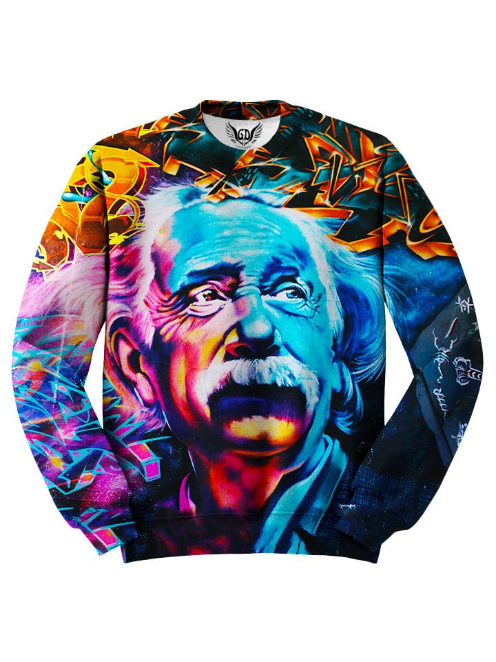 All over print blue, orange & pink Albert Einstein graffiti portrait unisex sweater by GratefullyDyed Apparel front view.