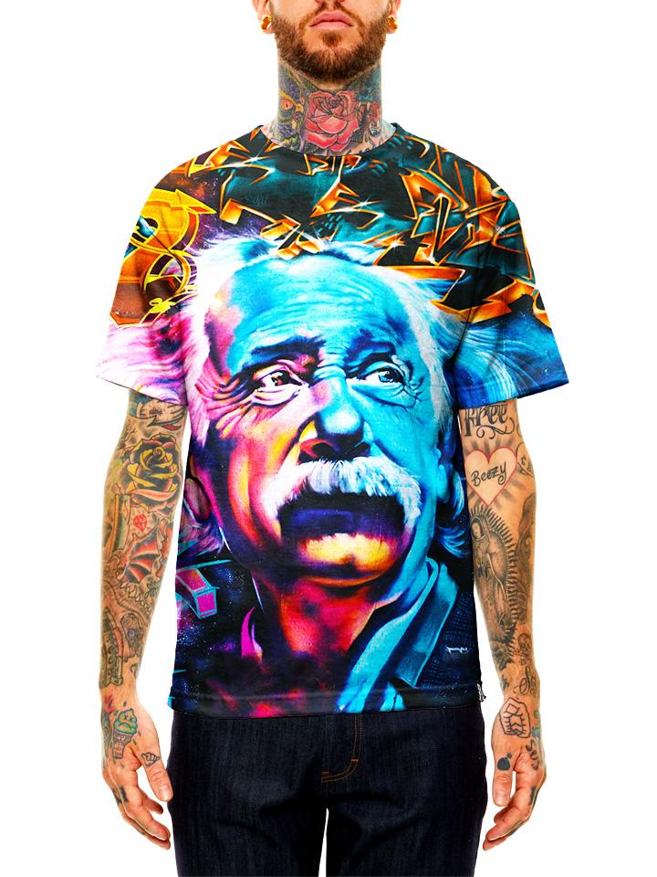 Model wearing GratefullyDyed Apparel Albert Einstein graffiti portrait unisex t-shirt.