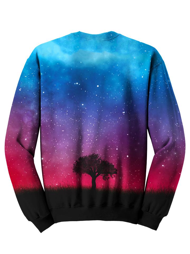 Back view of psychedelic tree & space pullover sweat shirt. 