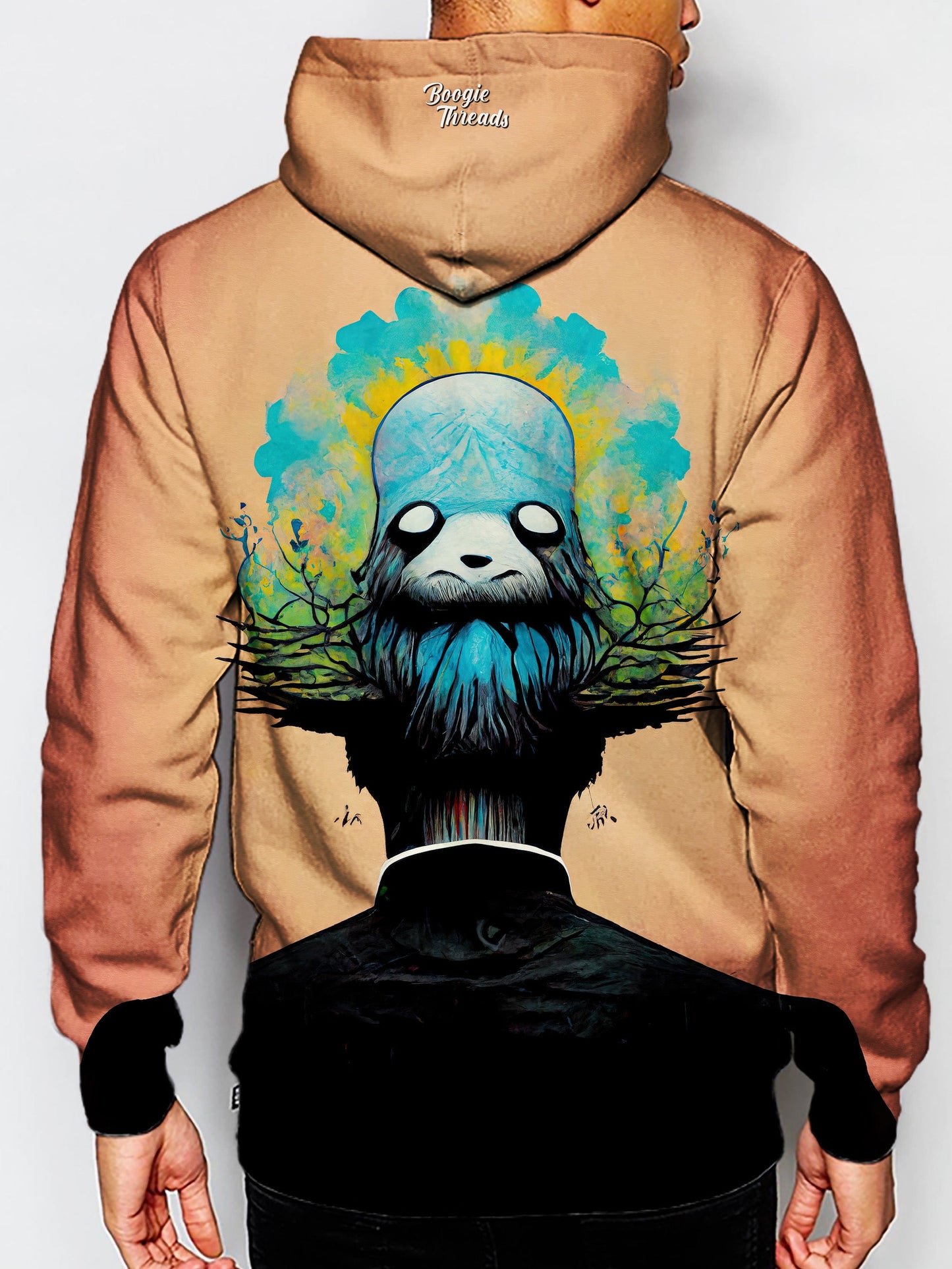 artwork made by midjourney printed on all over print hoodie worn by african american man