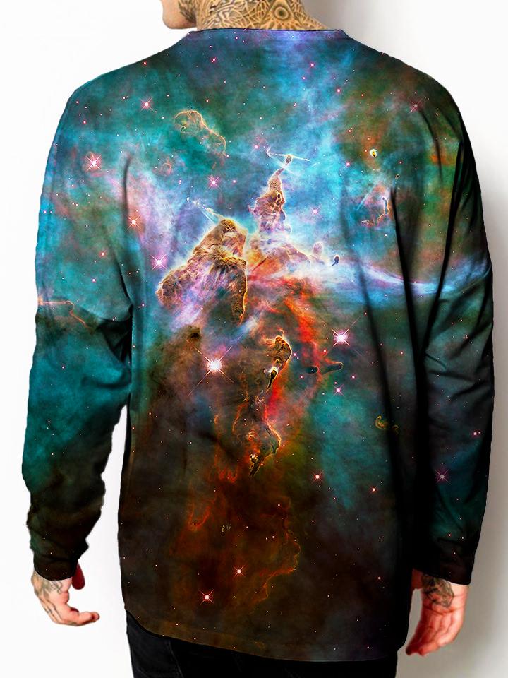 Model back view of all over print psychedelic space unisex longsleeve.