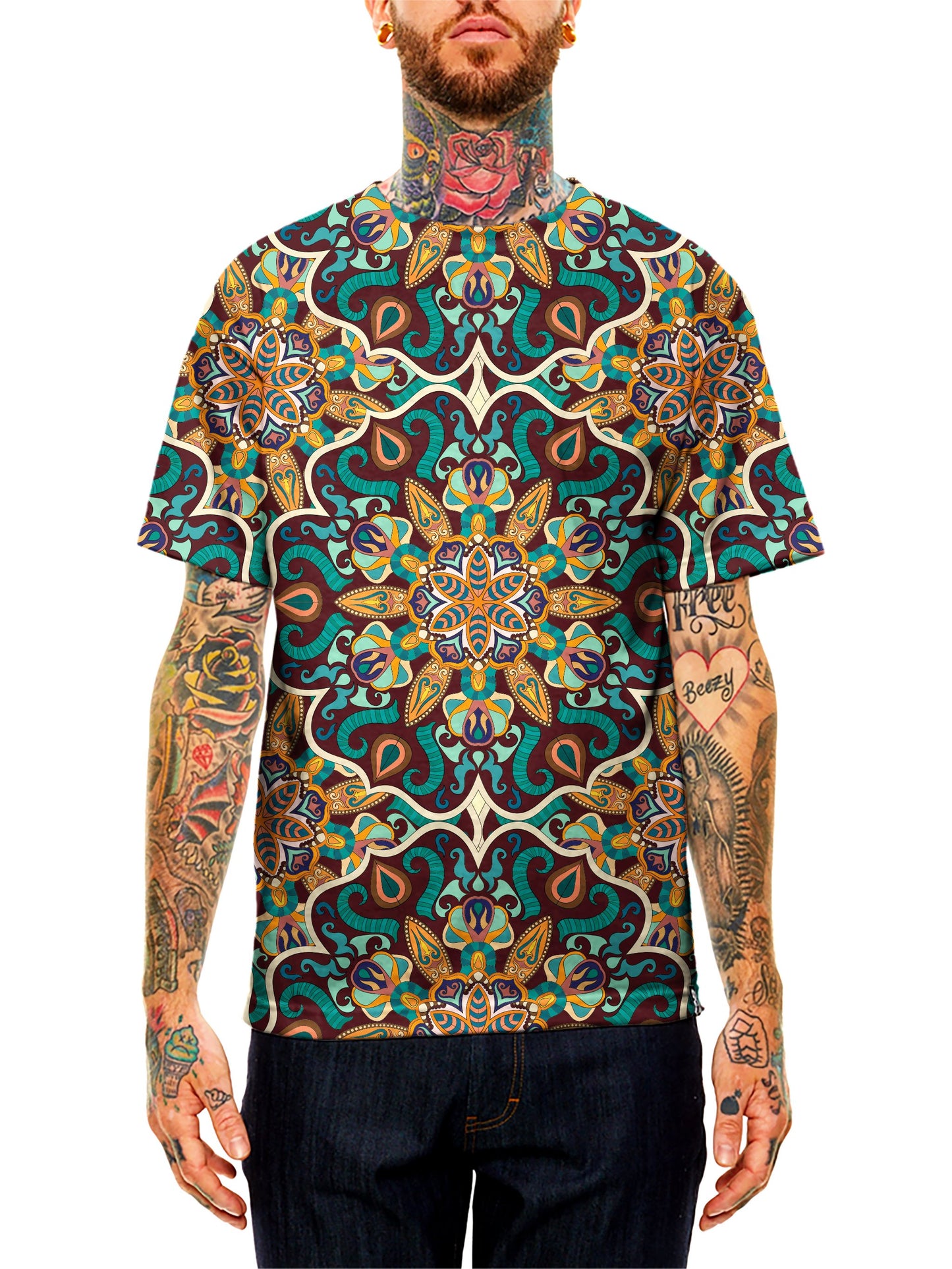 Model wearing GratefullyDyed Apparel teal & orange mandala unisex t-shirt.