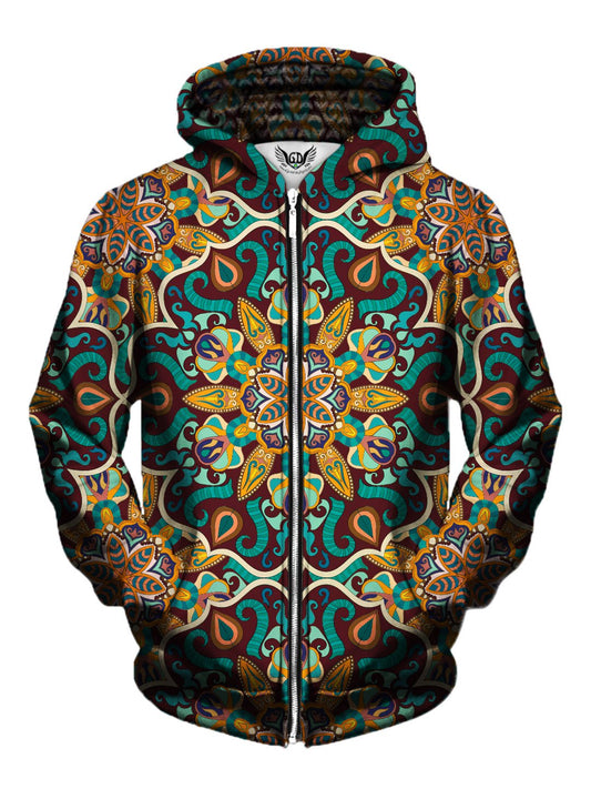 Men's orange & teal retro mandala zip-up hoodie front view.