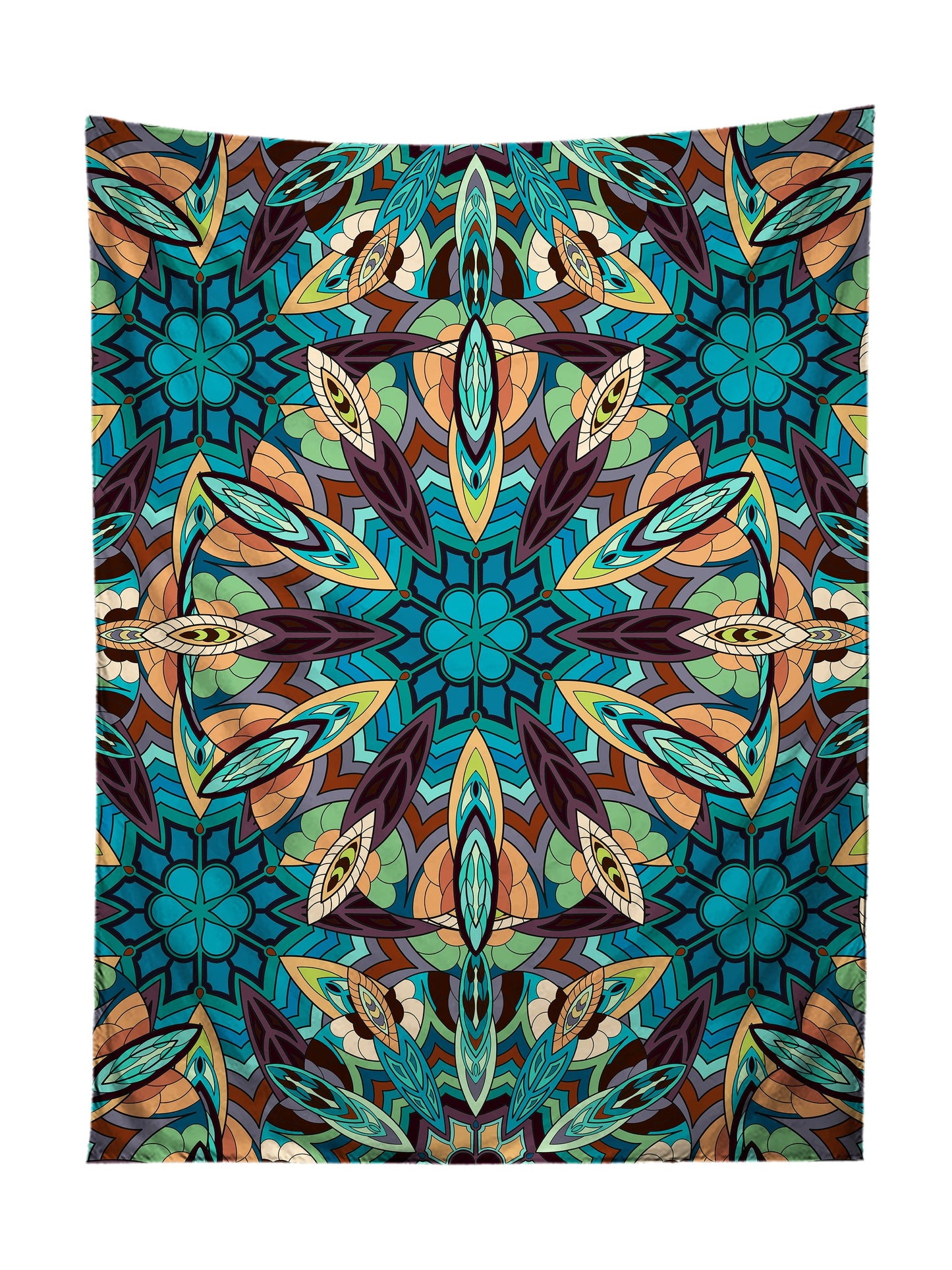 Vertical hanging view of all over print blue & orange mandala tapestry by GratefullyDyed Apparel.