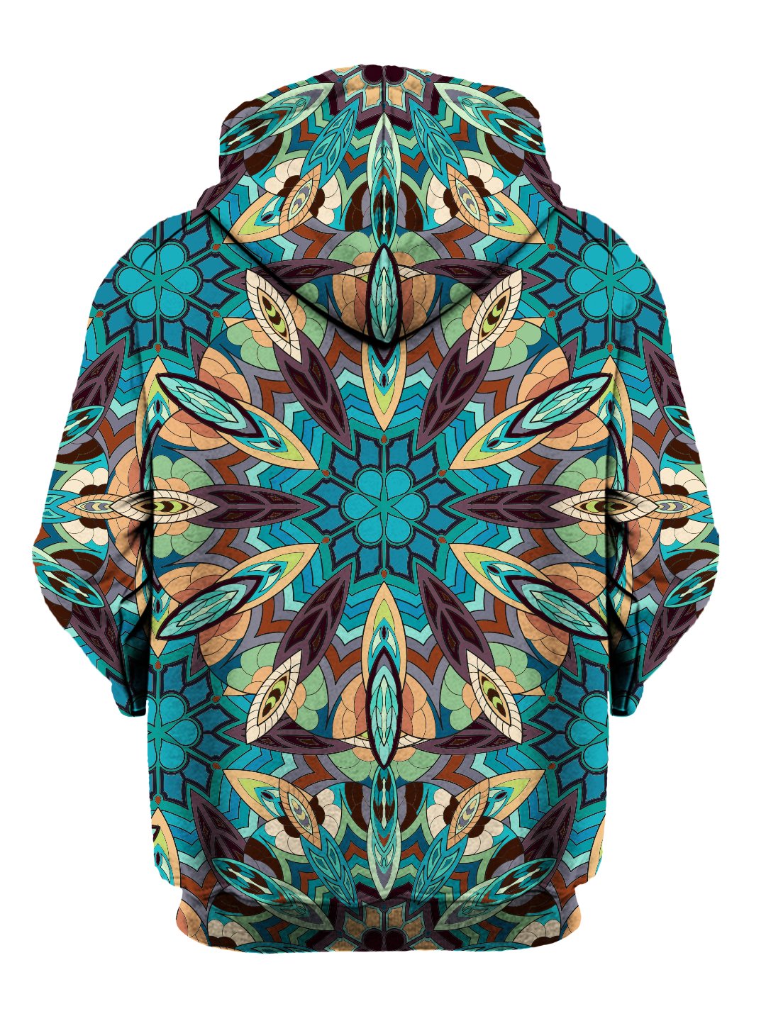 Rear of psychedelic blue, green, purple & orange tribal mandala zip-up hoody. 