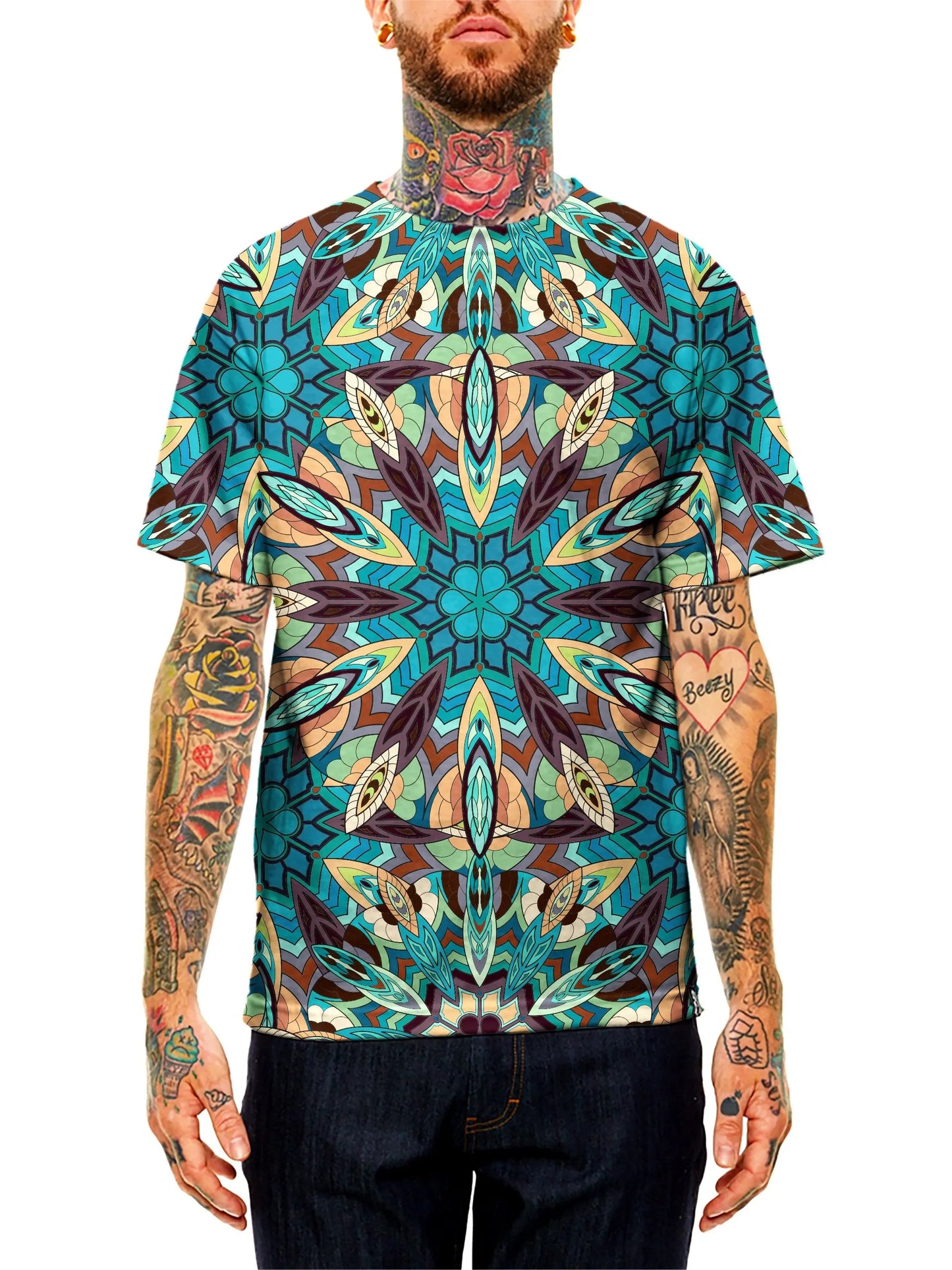 Model wearing GratefullyDyed Apparel blue, green & orange mandala unisex t-shirt.
