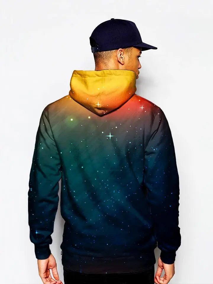 Model in starry setting sun all over print pullover hoodie back view