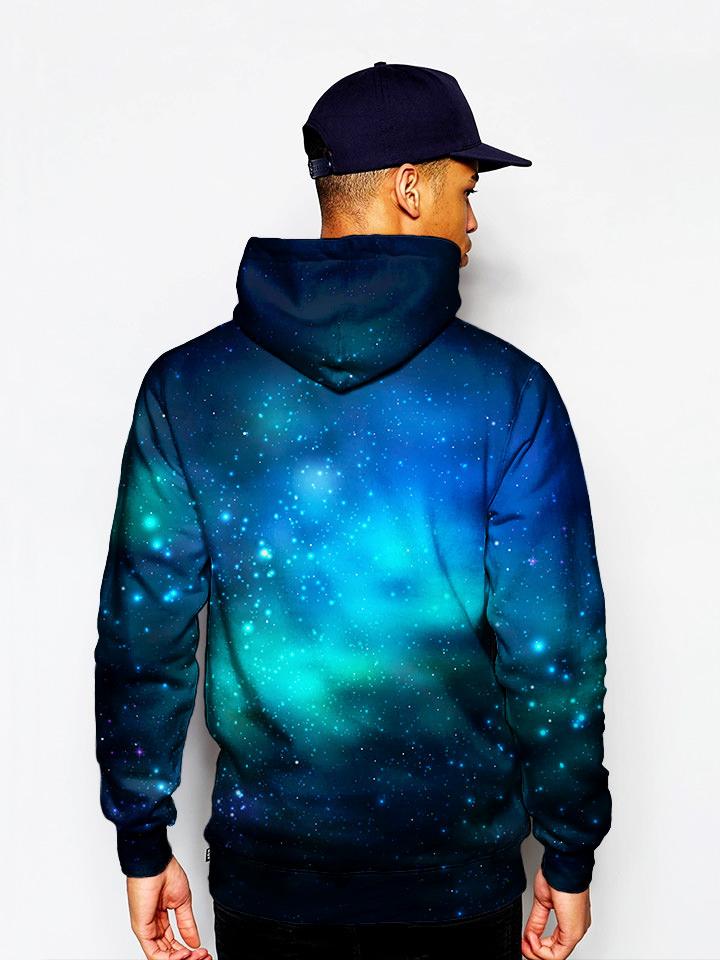 Model Wearing Deep Blue Space Pullover Hoodie, Back View