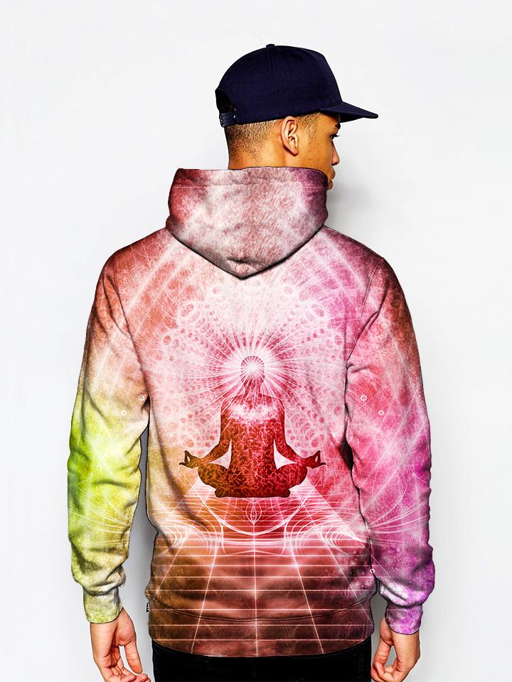 Model in pink enlightened being meditating pullover hoodie