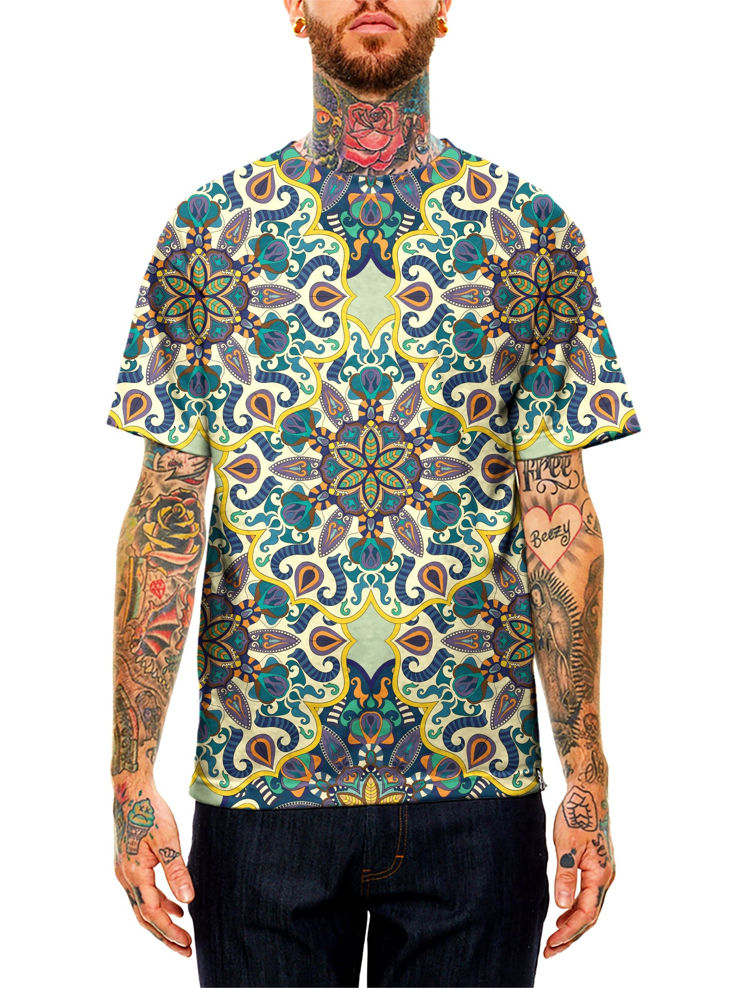 Model wearing GratefullyDyed Apparel green, blue, yellow & orange mandala unisex t-shirt.
