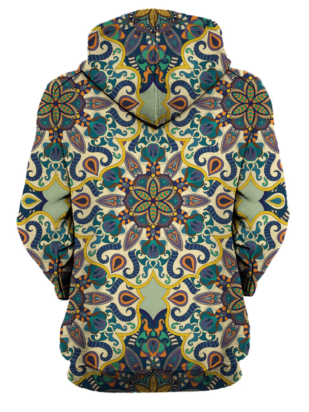 Rear of women's all over print purple, orange, blue & yellow psychedelic mandala hoody.
