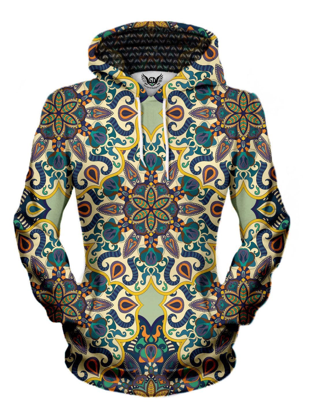 Women's front view of trippy mandala pullover hoodie.