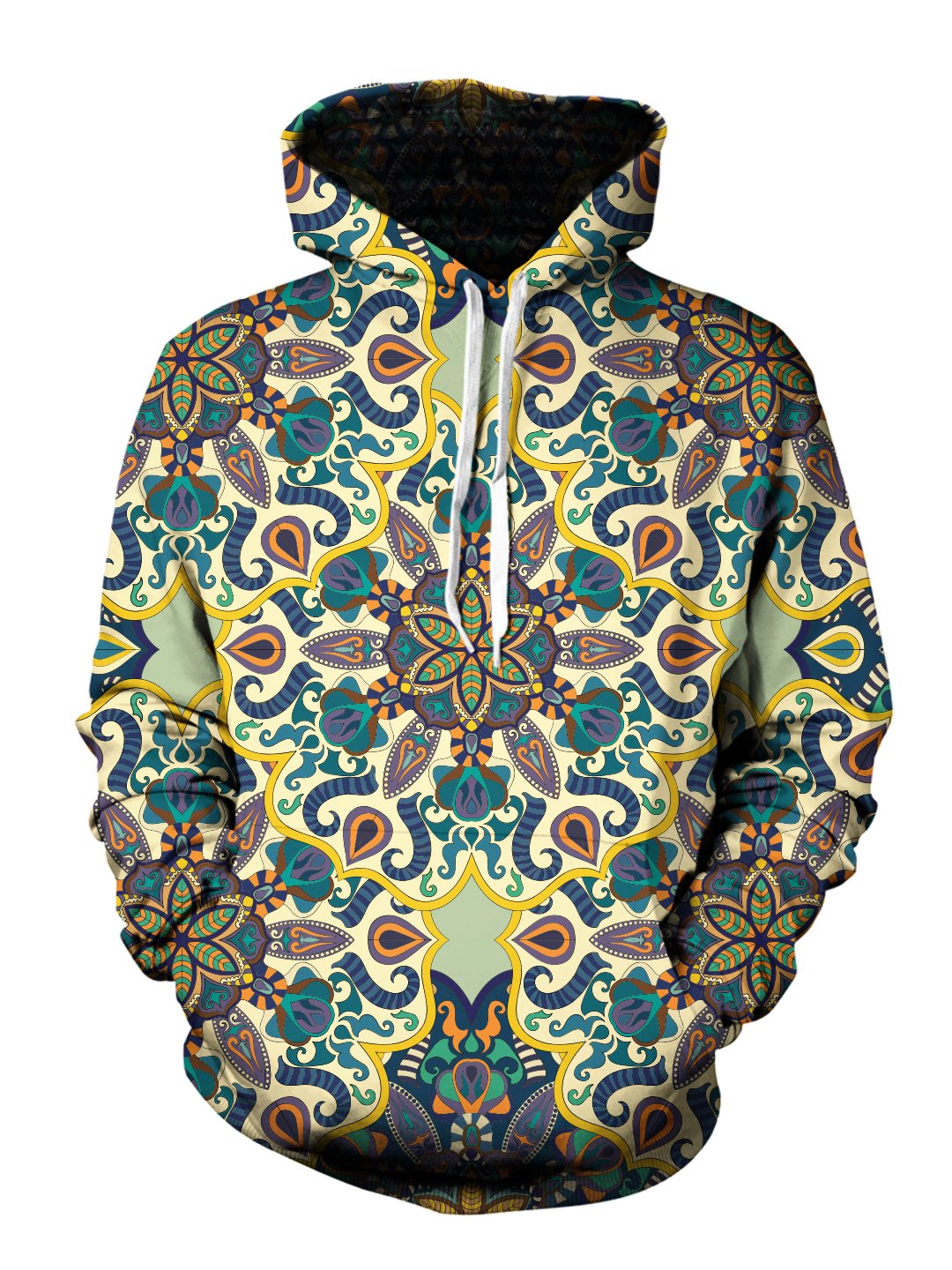 Men's purple, orange, blue & yellow pastel retro mandala pullover hoodie front view.