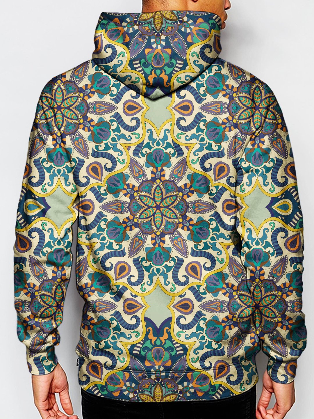 Model wearing GratefullyDyed Apparel psychedelic sacred geometry pullover hoodie.