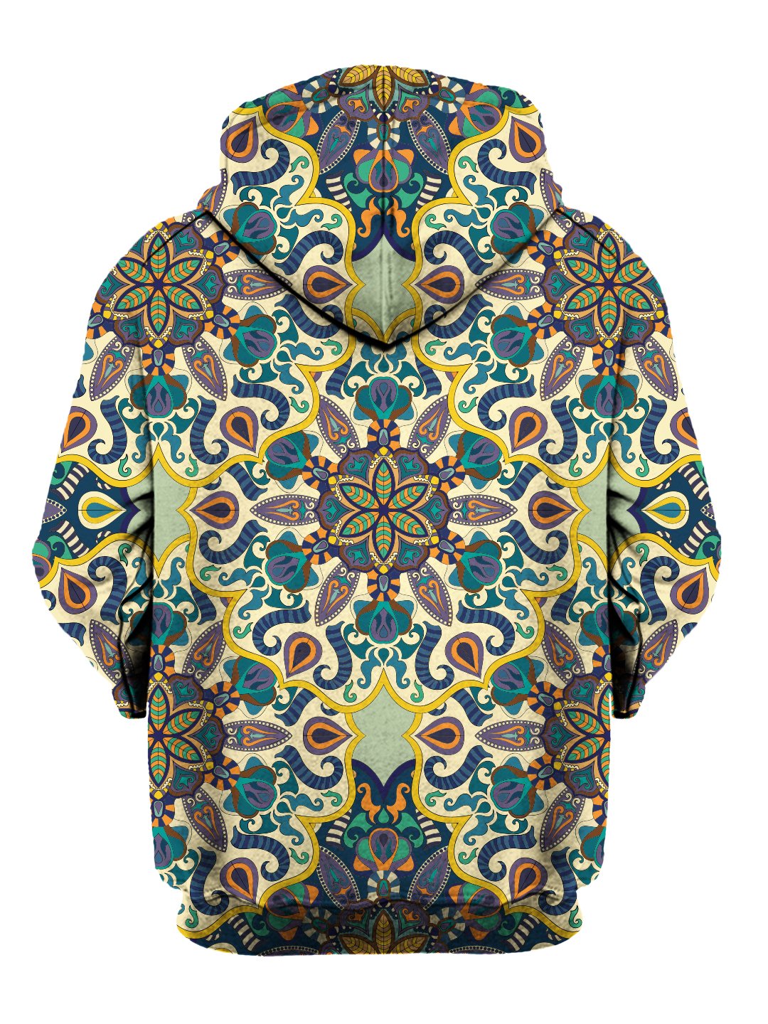 Rear of yellow, purple, blue & orange pastel mandala zip-up hoody. 