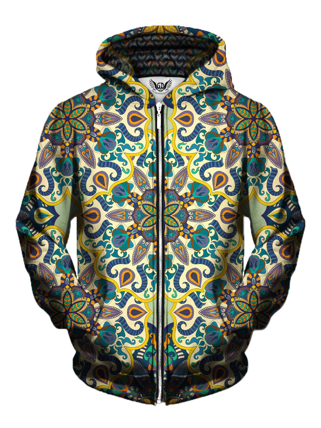 Men's yellow, purple, blue & orange pastel mandala zip-up hoodie front view.