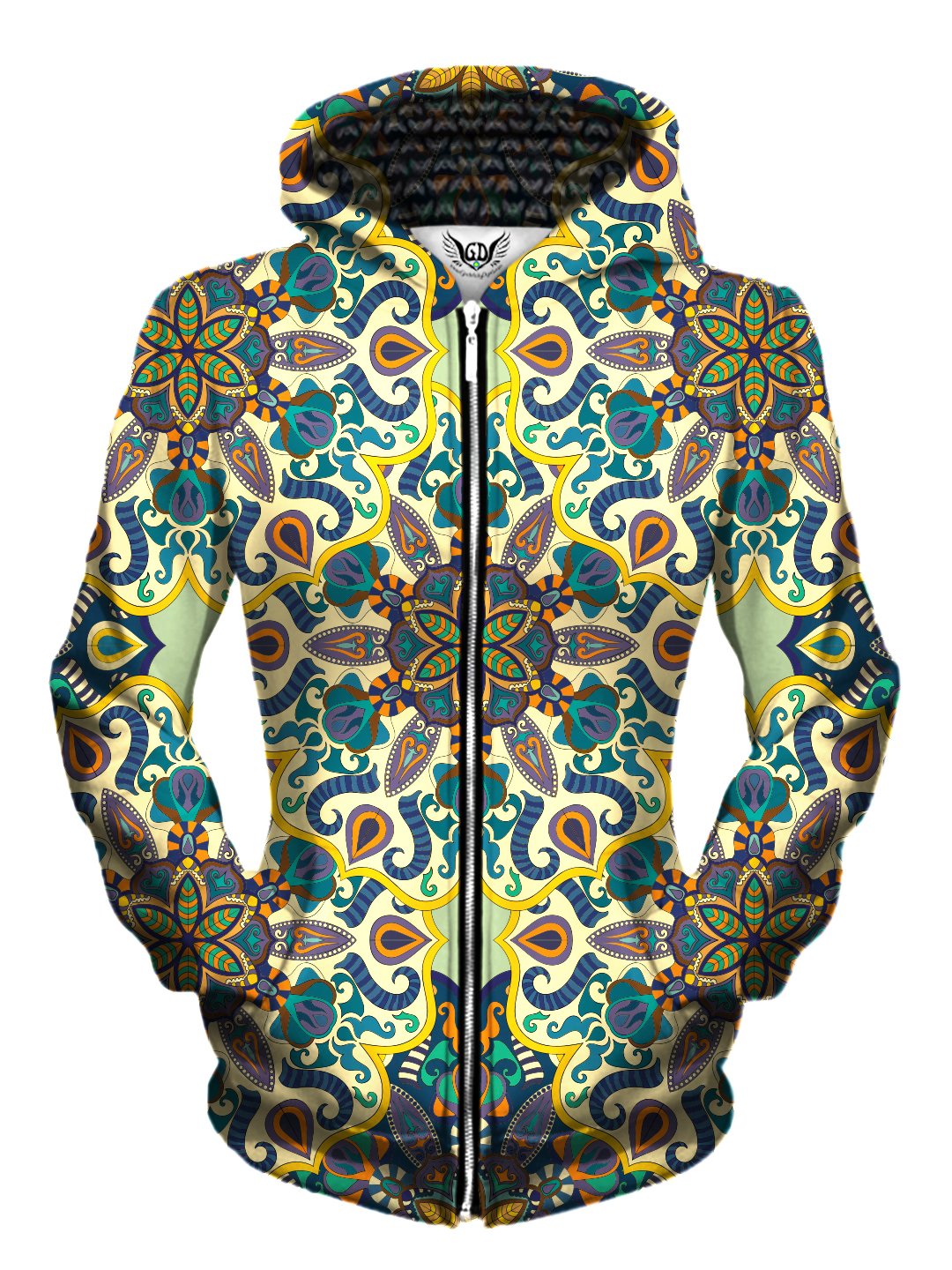 Front view of women's all over print sacred geometry zip up hoody by Gratefully Dyed Apparel.